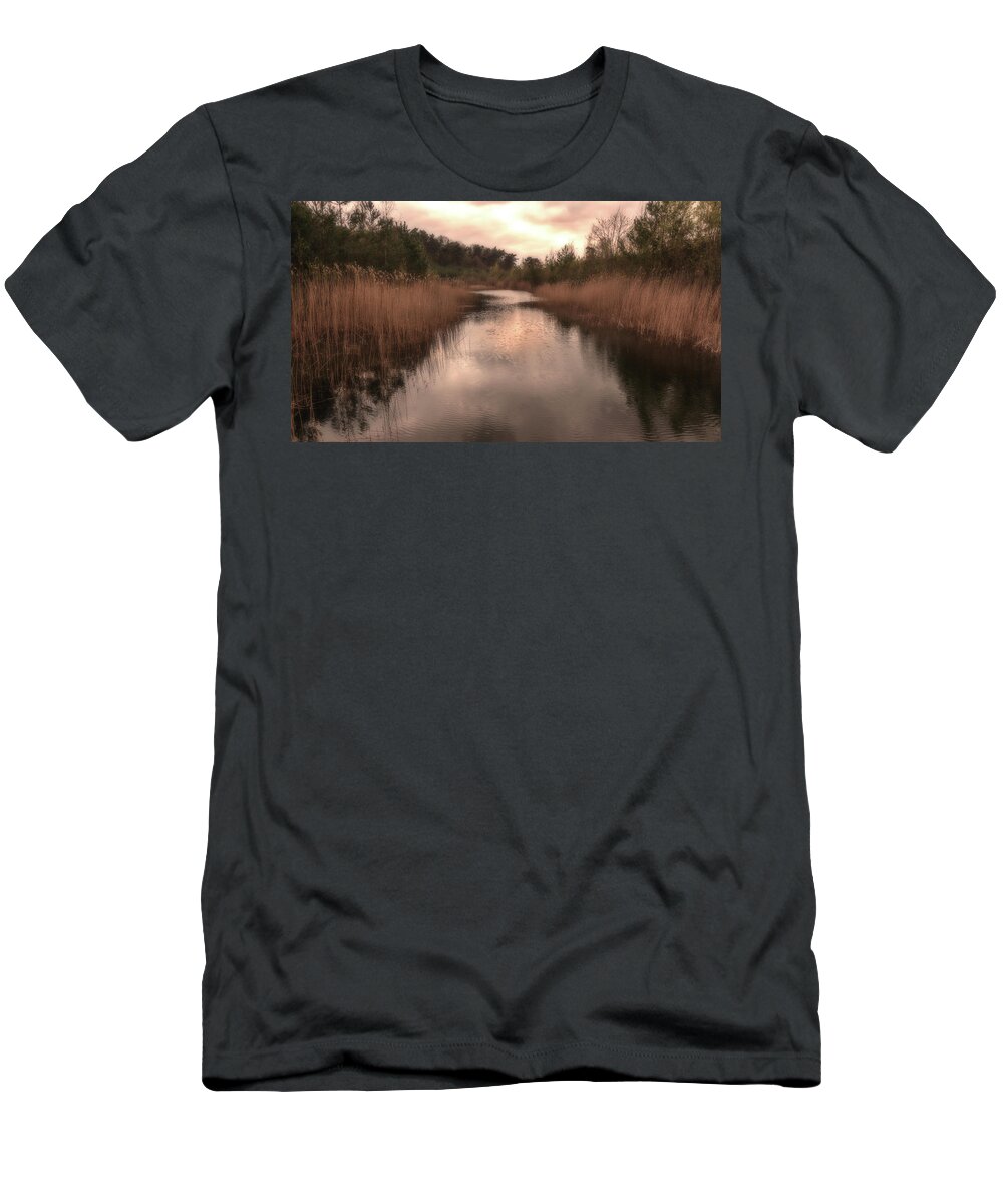Grass T-Shirt featuring the photograph Sunset at the sandpit in Maarn by Tim Abeln