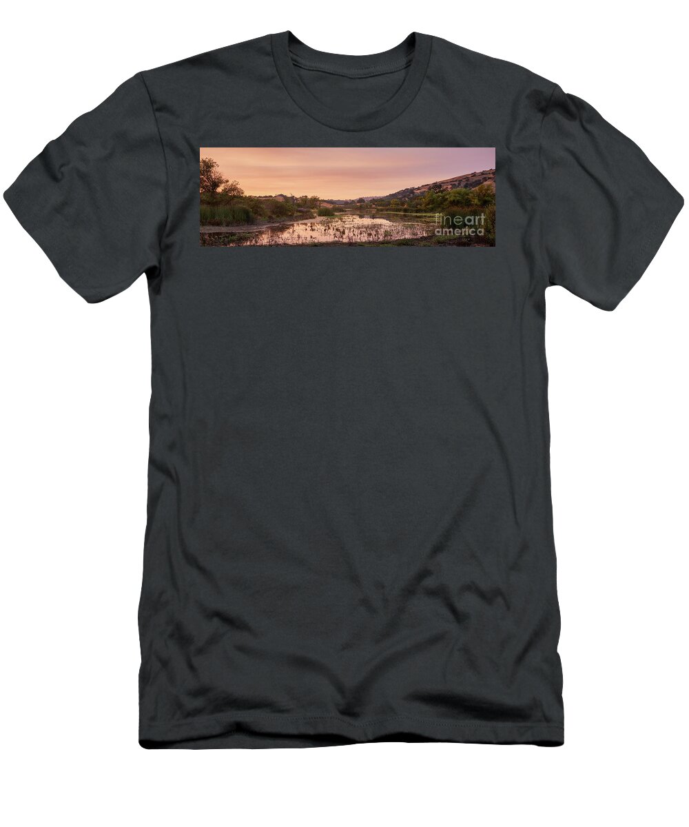 San Francisco T-Shirt featuring the photograph Sunset on Halls Valley Lake - Soft Light, Warm by Dean Birinyi