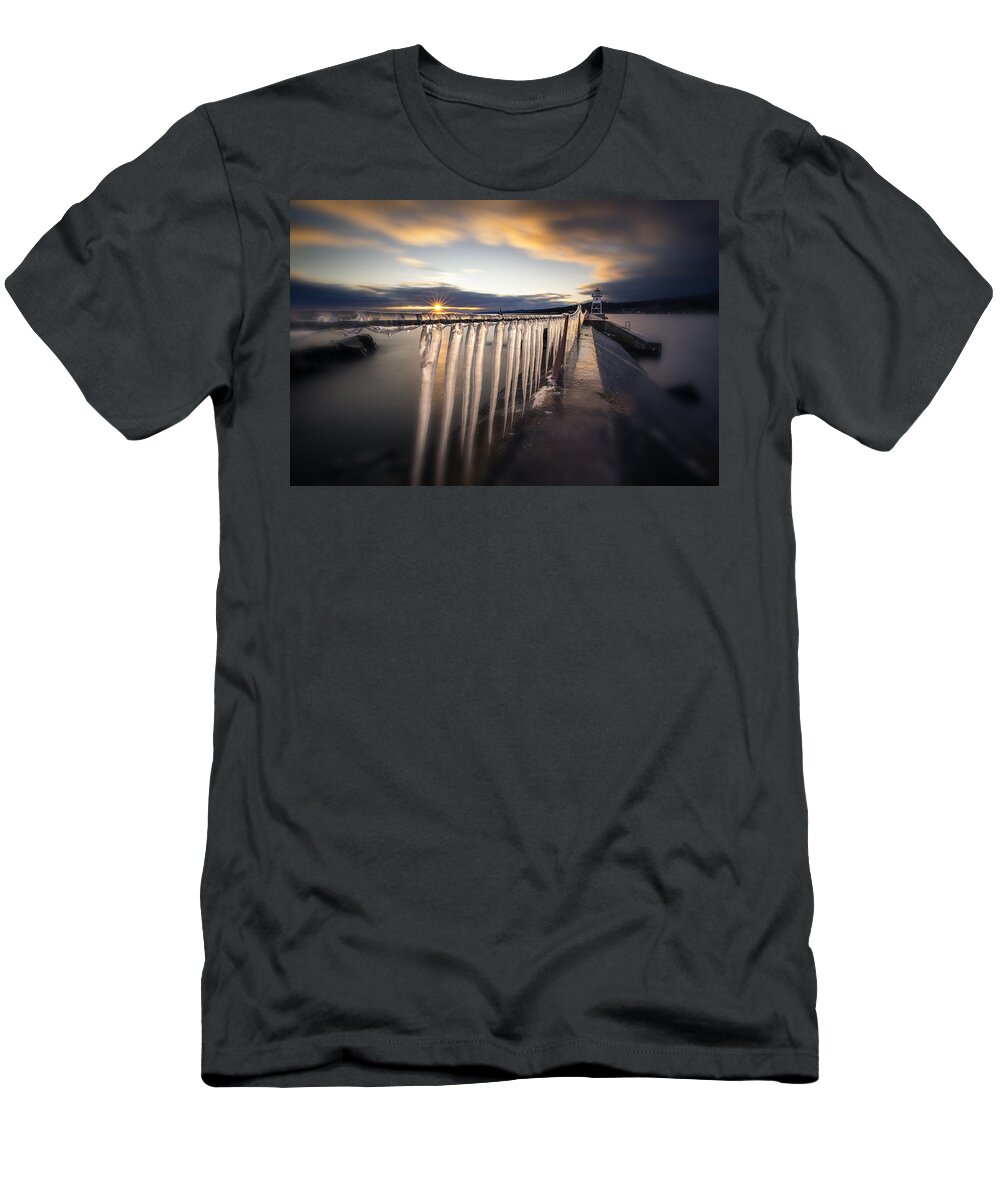 Canada T-Shirt featuring the photograph Sunset over Grand Marais Lighthouse Breakwall by Jakub Sisak