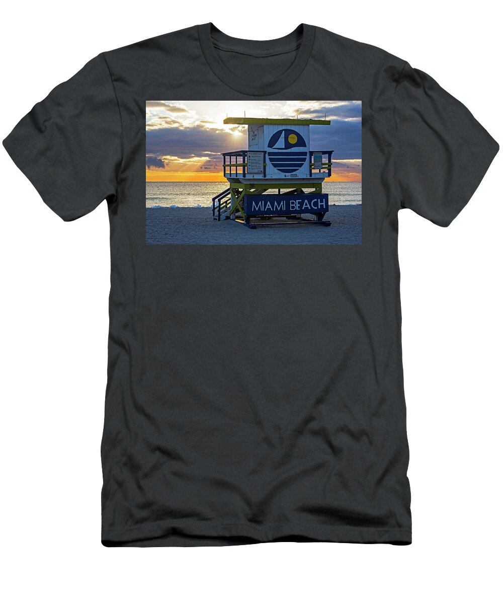 Miami T-Shirt featuring the photograph Sunset over Miami Beach Miami Lifeguard House Florida by Toby McGuire