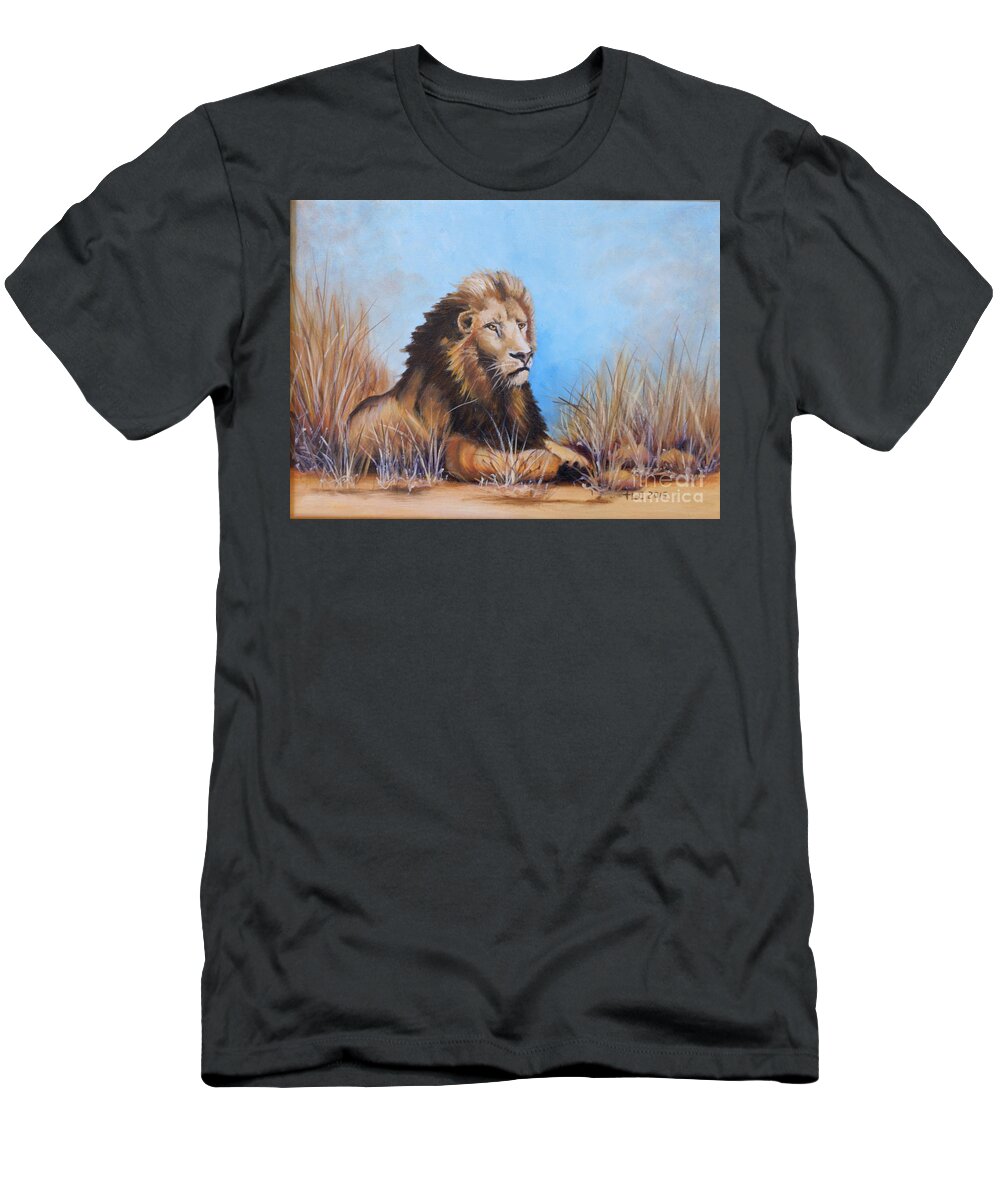 Lion T-Shirt featuring the painting Surveying the grounds by Theresa Cangelosi