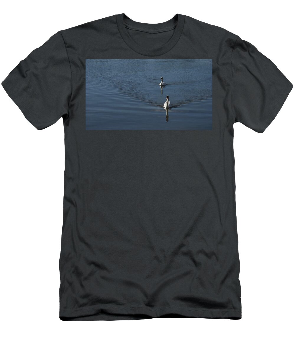 Swans T-Shirt featuring the photograph Swans On Deep Blue by Charles Kraus