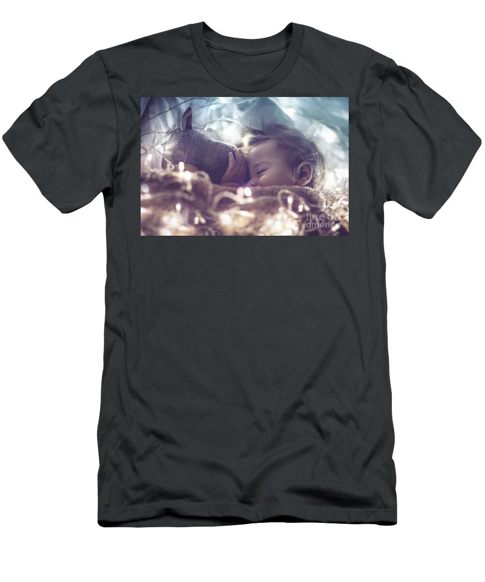 Adorable T-Shirt featuring the photograph Sweet baby sleeping with soft toy by Anna Om