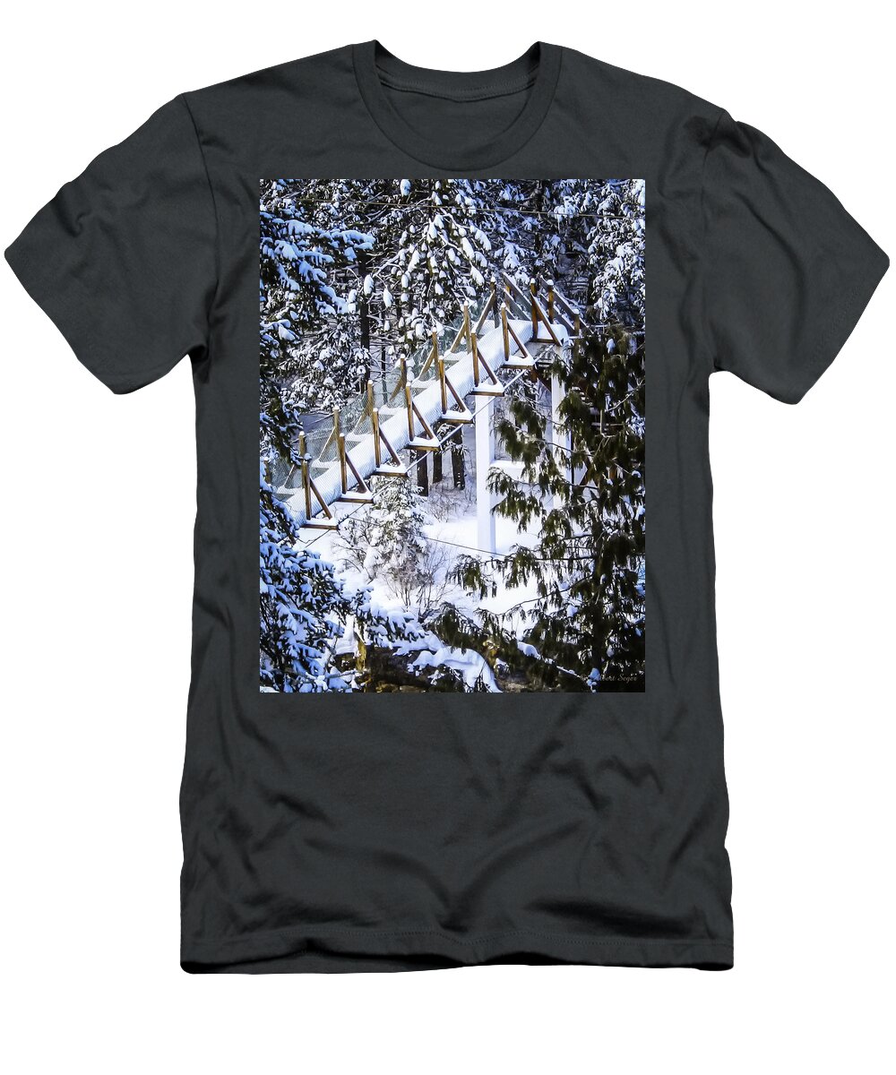 Winter T-Shirt featuring the photograph Swinging bridge at Kootenai Falls by Albert Seger