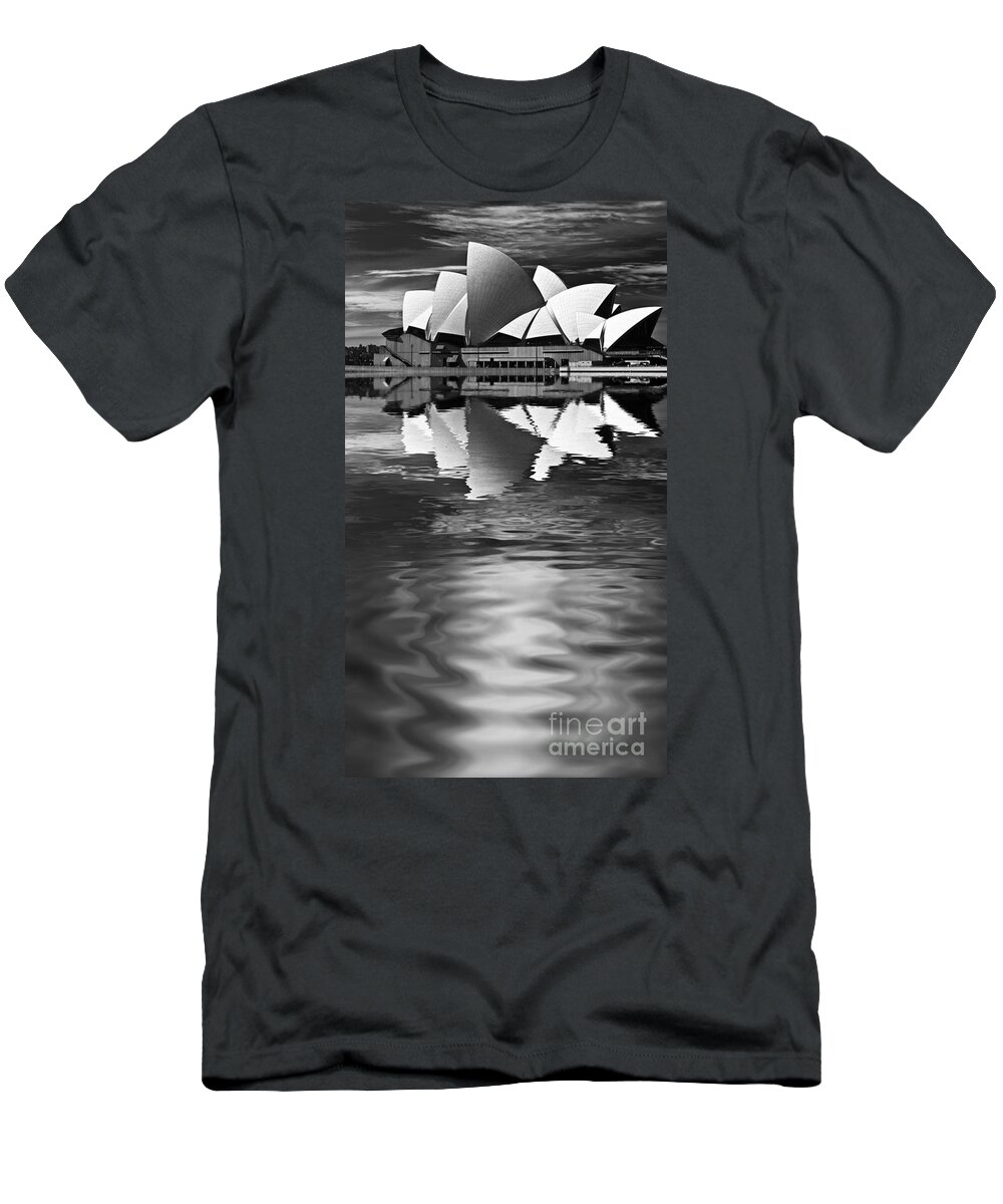 Sydney Opera House Monochrome Black And White T-Shirt featuring the photograph Sydney Opera House reflection in monochrome by Sheila Smart Fine Art Photography