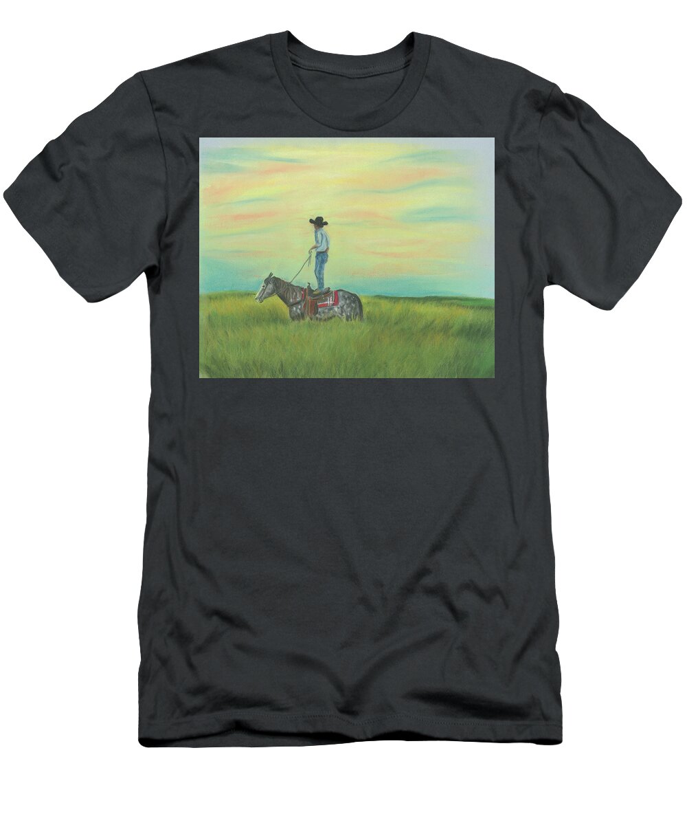 Horse T-Shirt featuring the pastel Tall in the Saddle by Sheila Johns