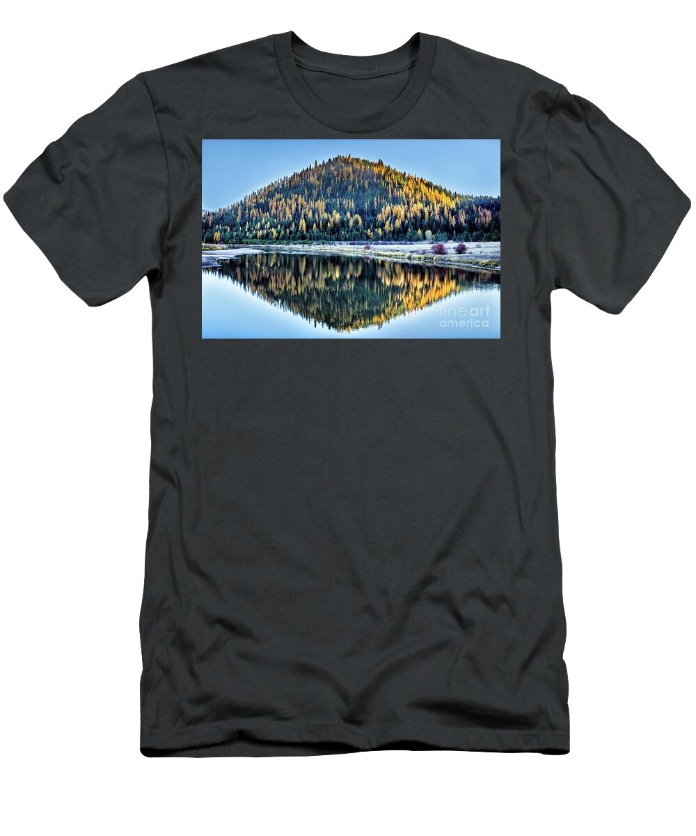 Cougar Mountain Lodge T-Shirt featuring the photograph Tamarack Glow Idaho Landscape Art by Kaylyn Franks by Kaylyn Franks