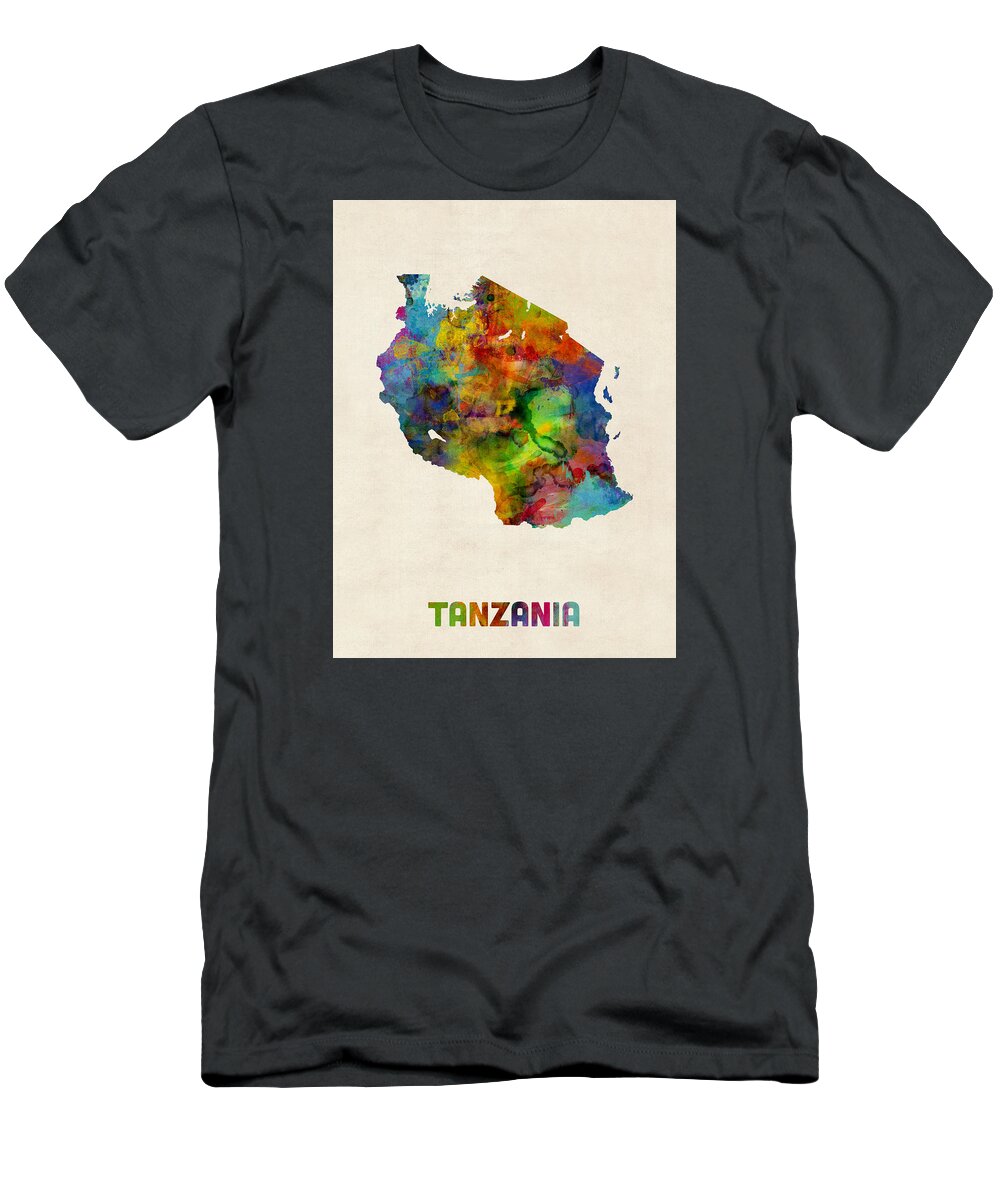 Map Art T-Shirt featuring the digital art Tanzania Watercolor Map by Michael Tompsett
