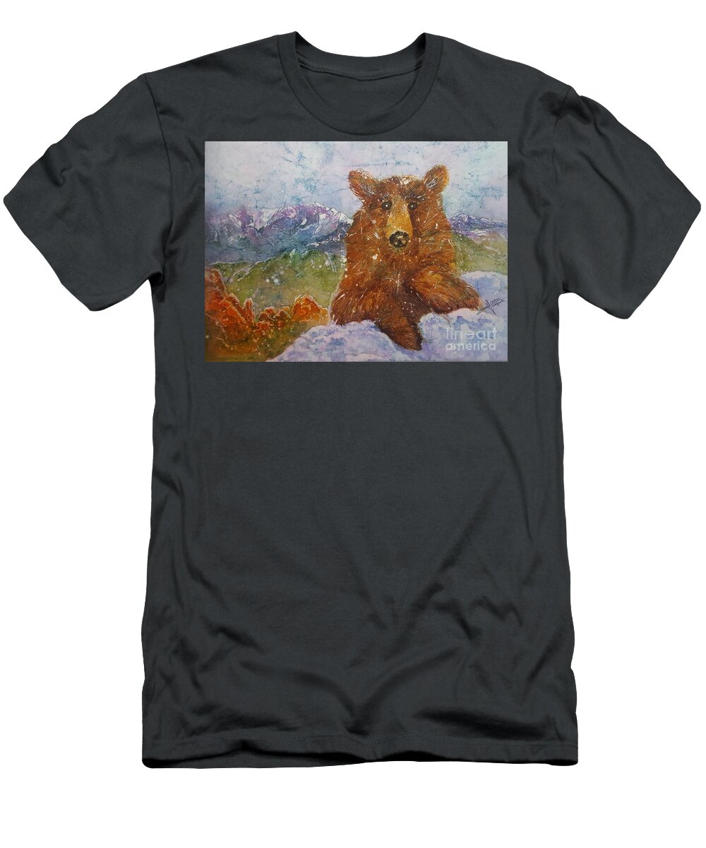 Garden Of The Gods T-Shirt featuring the painting Teddy wakes up in the most desireable city in the nation by Carol Losinski Naylor