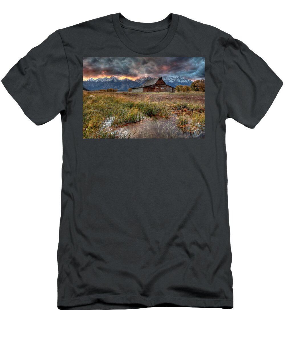 Grand Teton National Park T-Shirt featuring the photograph Teton Nightfire at the TA Moulton Barn by Ryan Smith