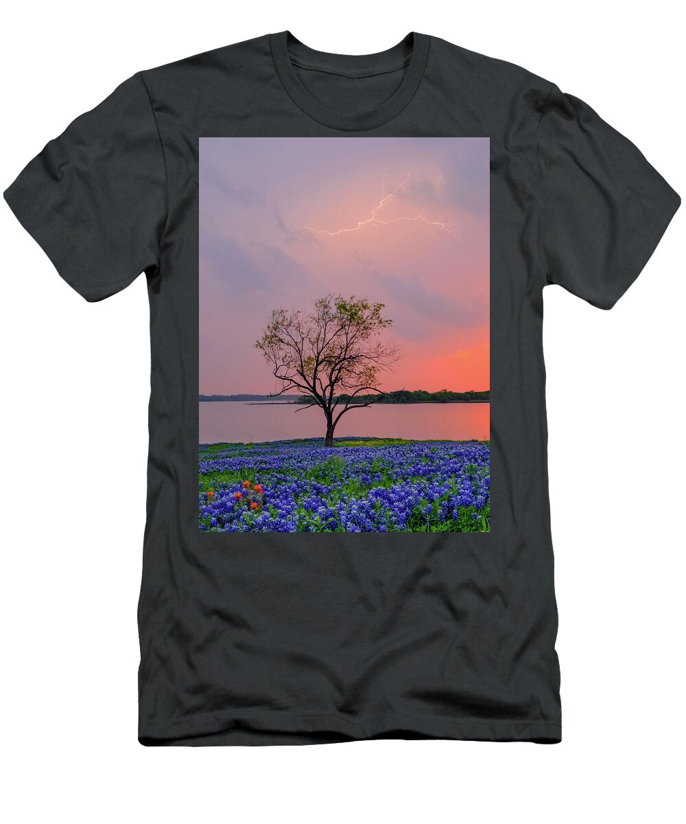 Ennis T-Shirt featuring the photograph Texas Bluebonnets and Lightning by Robert Bellomy