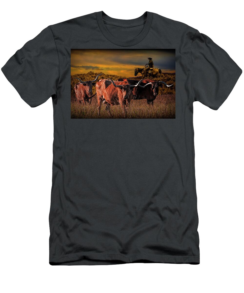 Longhorn T-Shirt featuring the photograph Texas Longhorn Steers and Cowboy at Sunset by Randall Nyhof