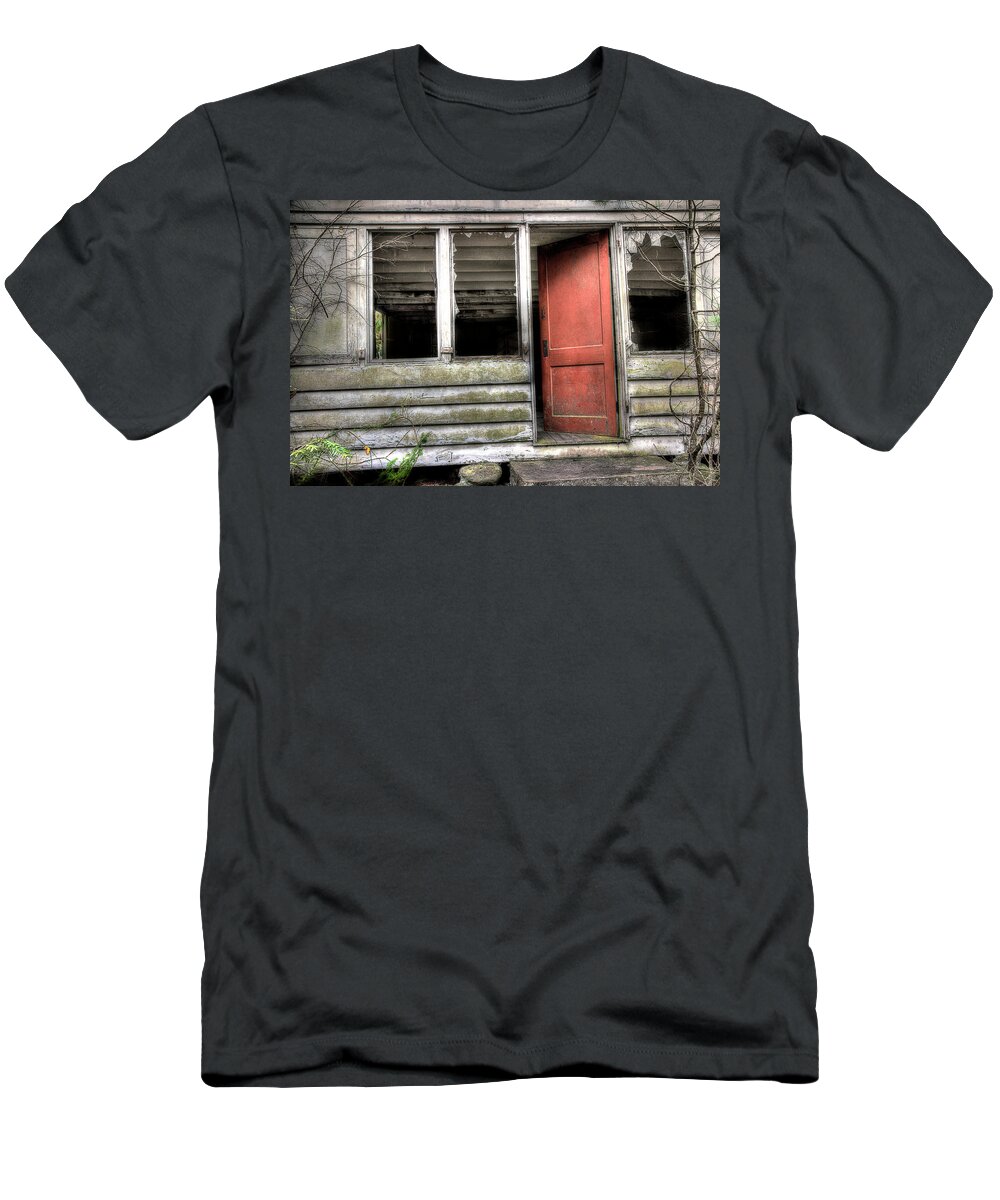 Abandoned Home T-Shirt featuring the photograph The Back Door by Mike Eingle