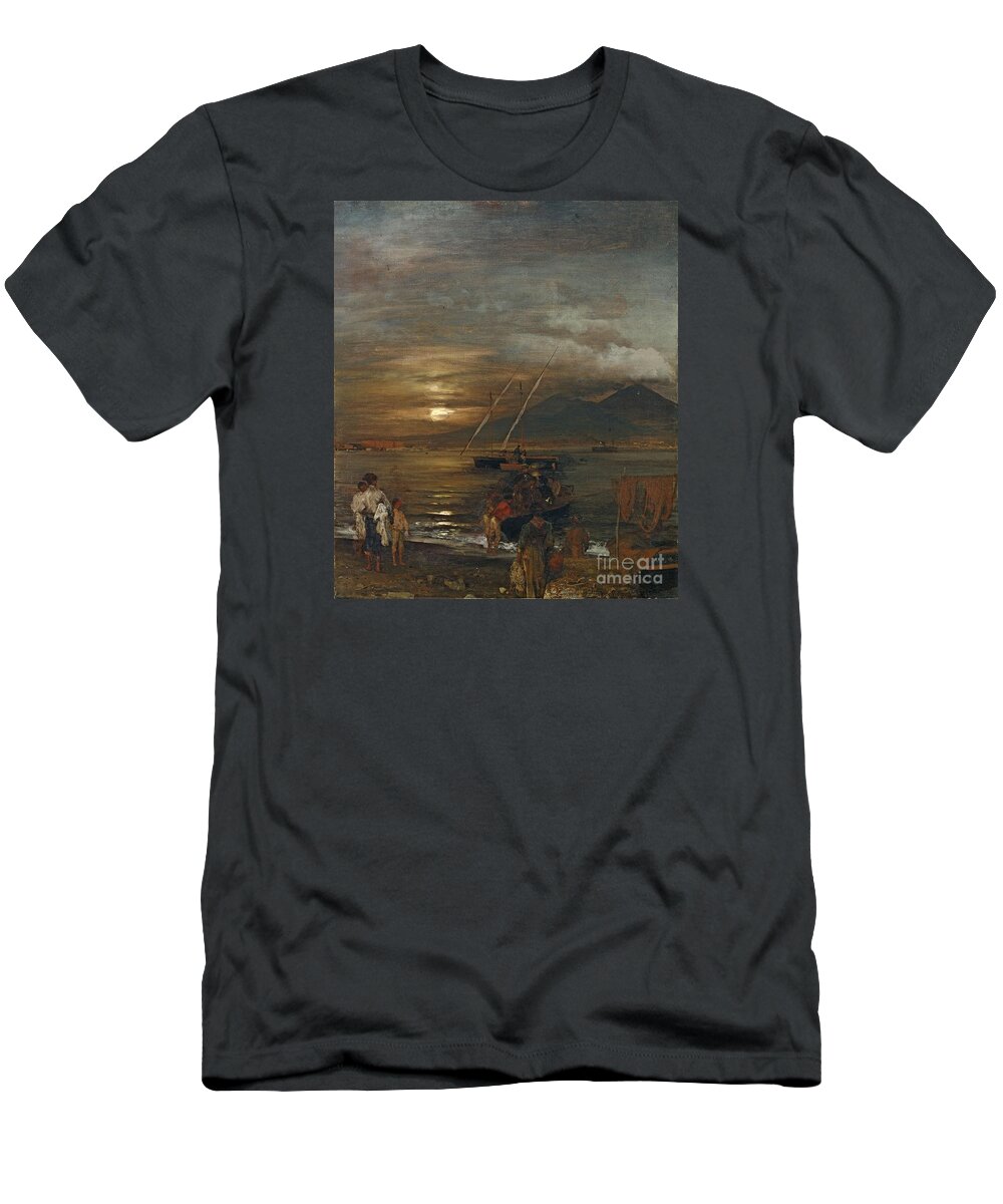 Oswald Achenbach T-Shirt featuring the painting The Bay Of Naples In The Moonlight by MotionAge Designs