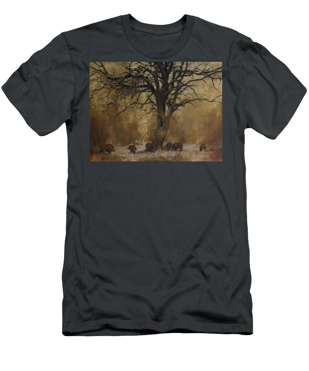 Boar T-Shirt featuring the painting The Big Tree with Wild Boars by Attila Meszlenyi