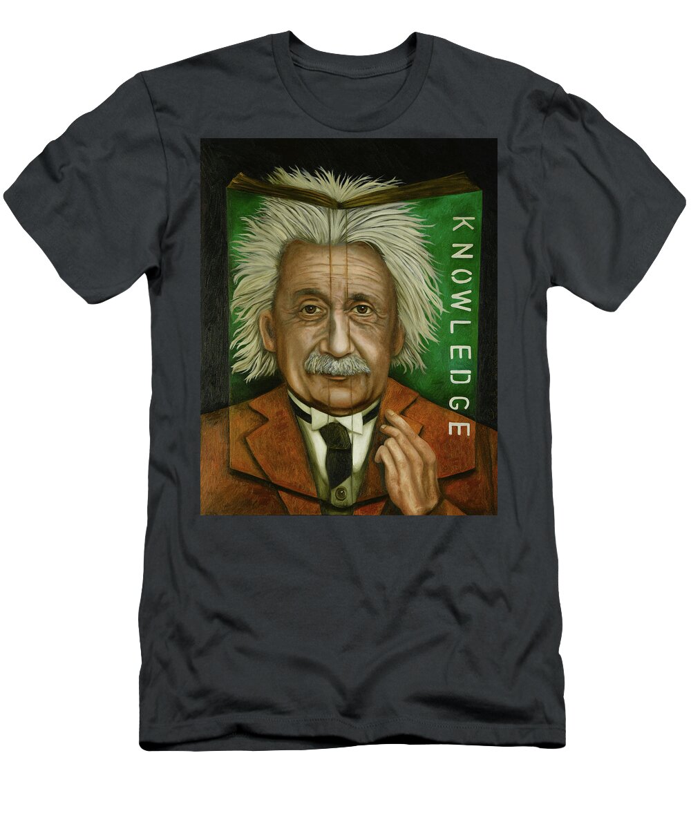 Einstein T-Shirt featuring the painting The Book Of Knowledge by Leah Saulnier The Painting Maniac
