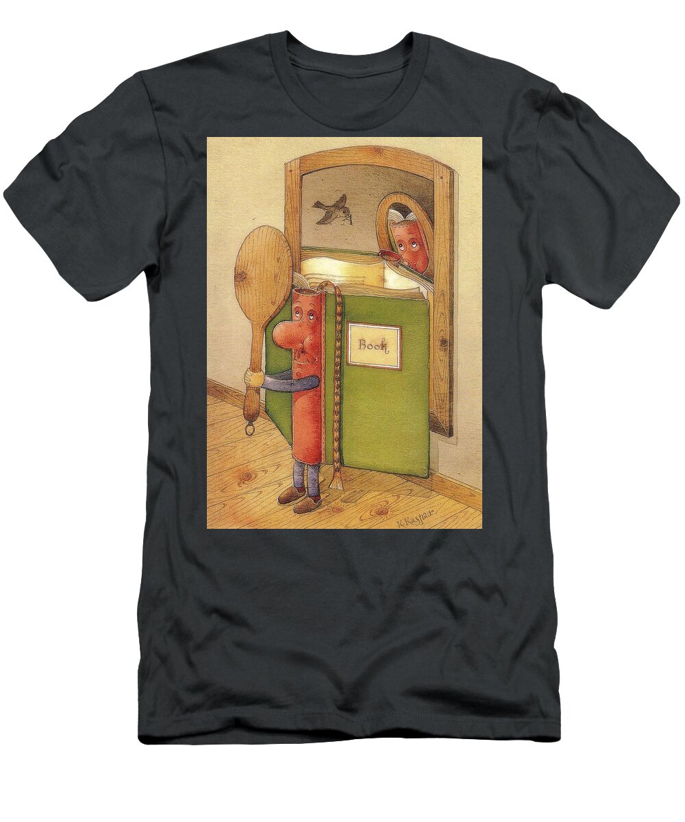 Book Mirror Bird Reading T-Shirt featuring the painting The Book reading himself by Kestutis Kasparavicius
