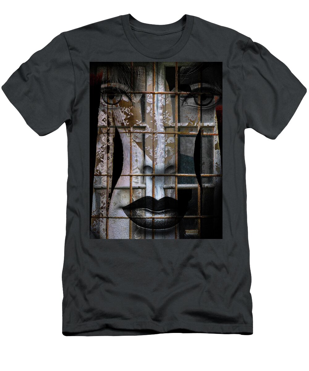 Collage T-Shirt featuring the digital art The bride behind the old window by Gabi Hampe