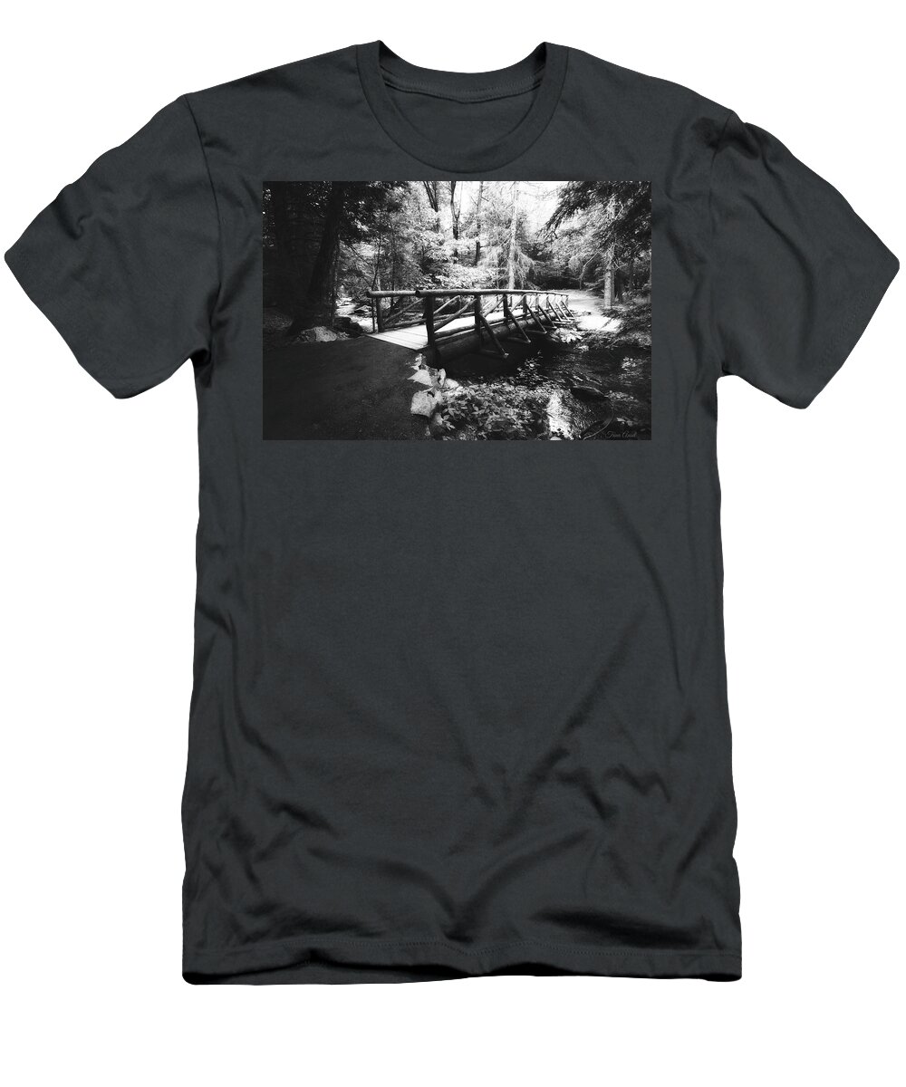 Landscape T-Shirt featuring the photograph The Bridge Through the Woods in Black and White by Trina Ansel