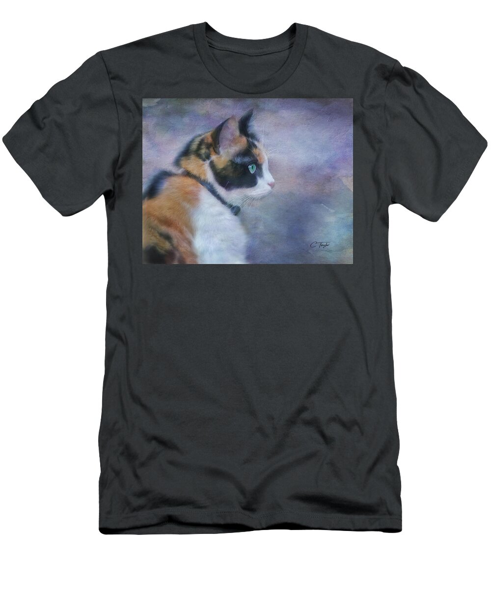 Cat T-Shirt featuring the digital art The Calico Staredown by Colleen Taylor