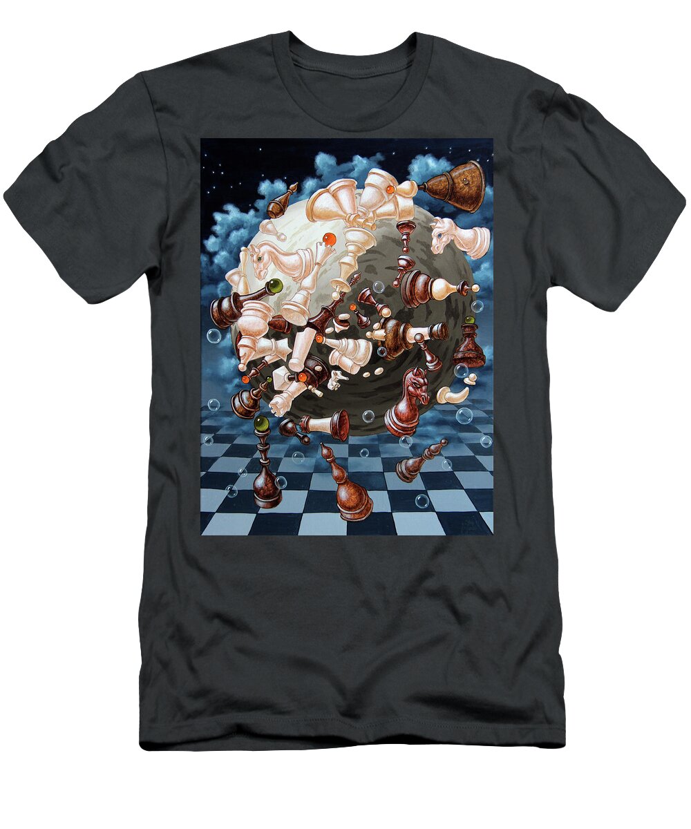 Chess T-Shirt featuring the painting The Chess planetoid of Eynstein by Victor Molev