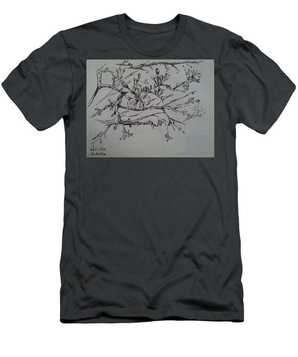 New Year T-Shirt featuring the drawing The chinese new year flowers by Sukalya Chearanantana