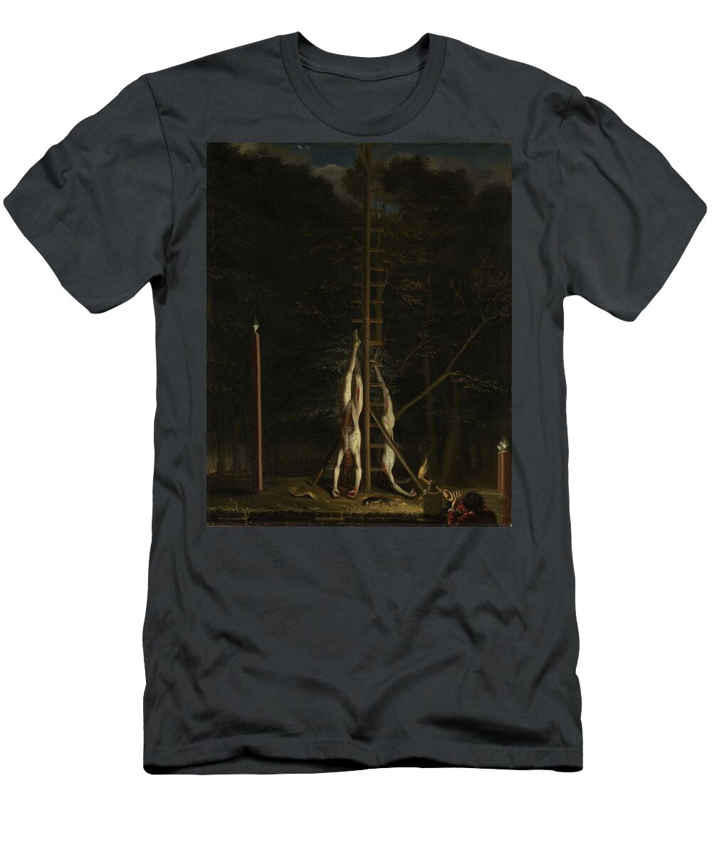 Jan De Baen T-Shirt featuring the painting The Corpses of the De Witt Brothers, 1672 by Vincent Monozlay