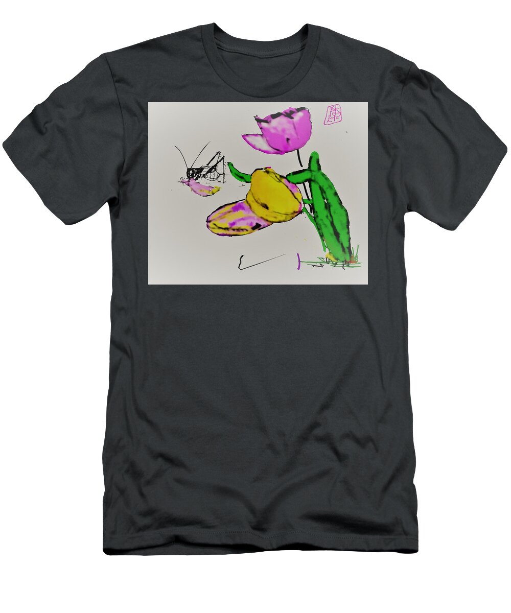Botanical. Flowers. Cricket. Colorful T-Shirt featuring the digital art The Cricket by Debbi Saccomanno Chan