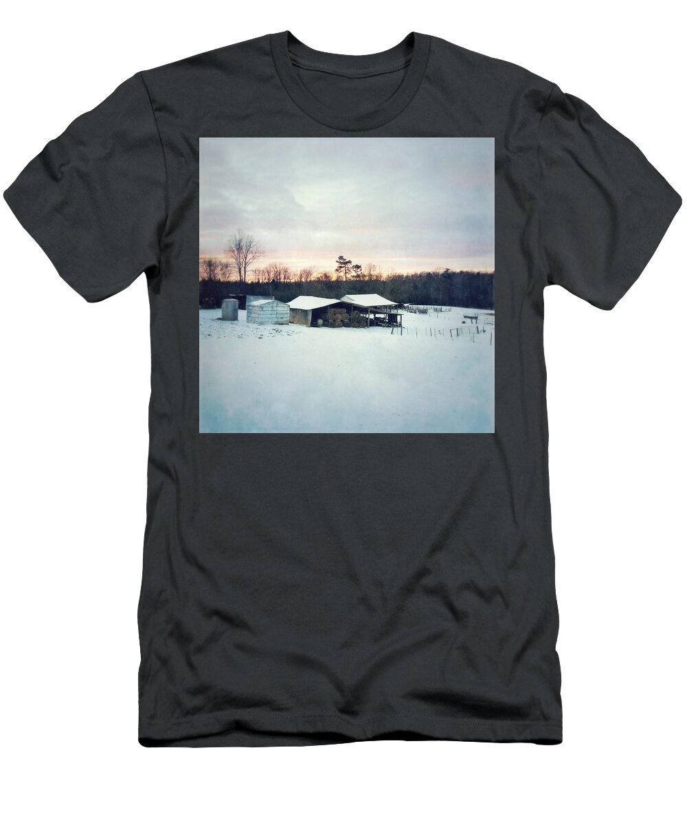 Photography T-Shirt featuring the photograph The Farm In Snow At Sunset by Melissa D Johnston