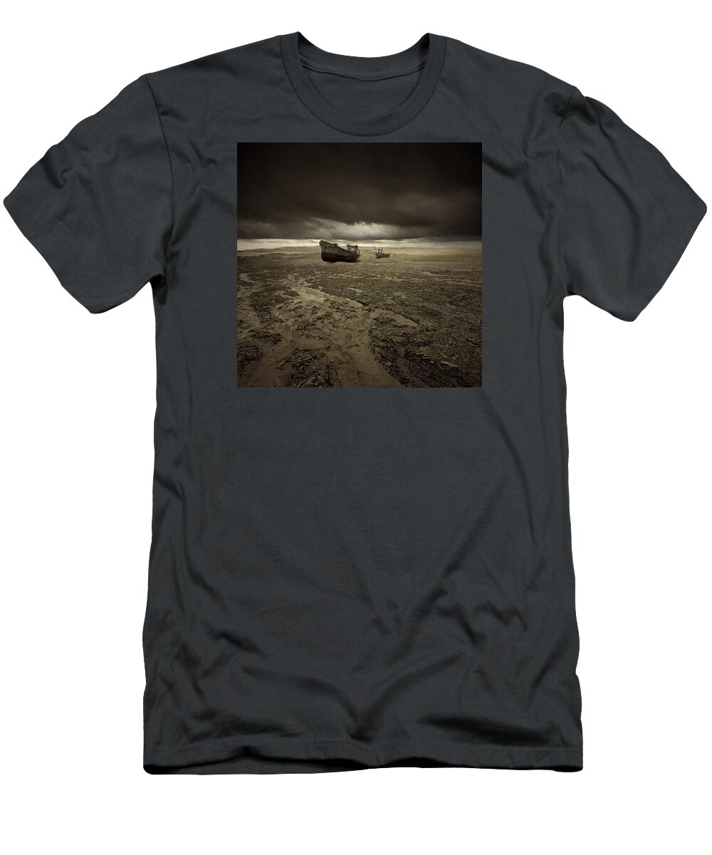 Sea Dry Desert Flood Wrecks Wreck Ship Storm Apocalypse Landscape Dirt Sand Light Mystery T-Shirt featuring the photograph The Flood by Michal Karcz