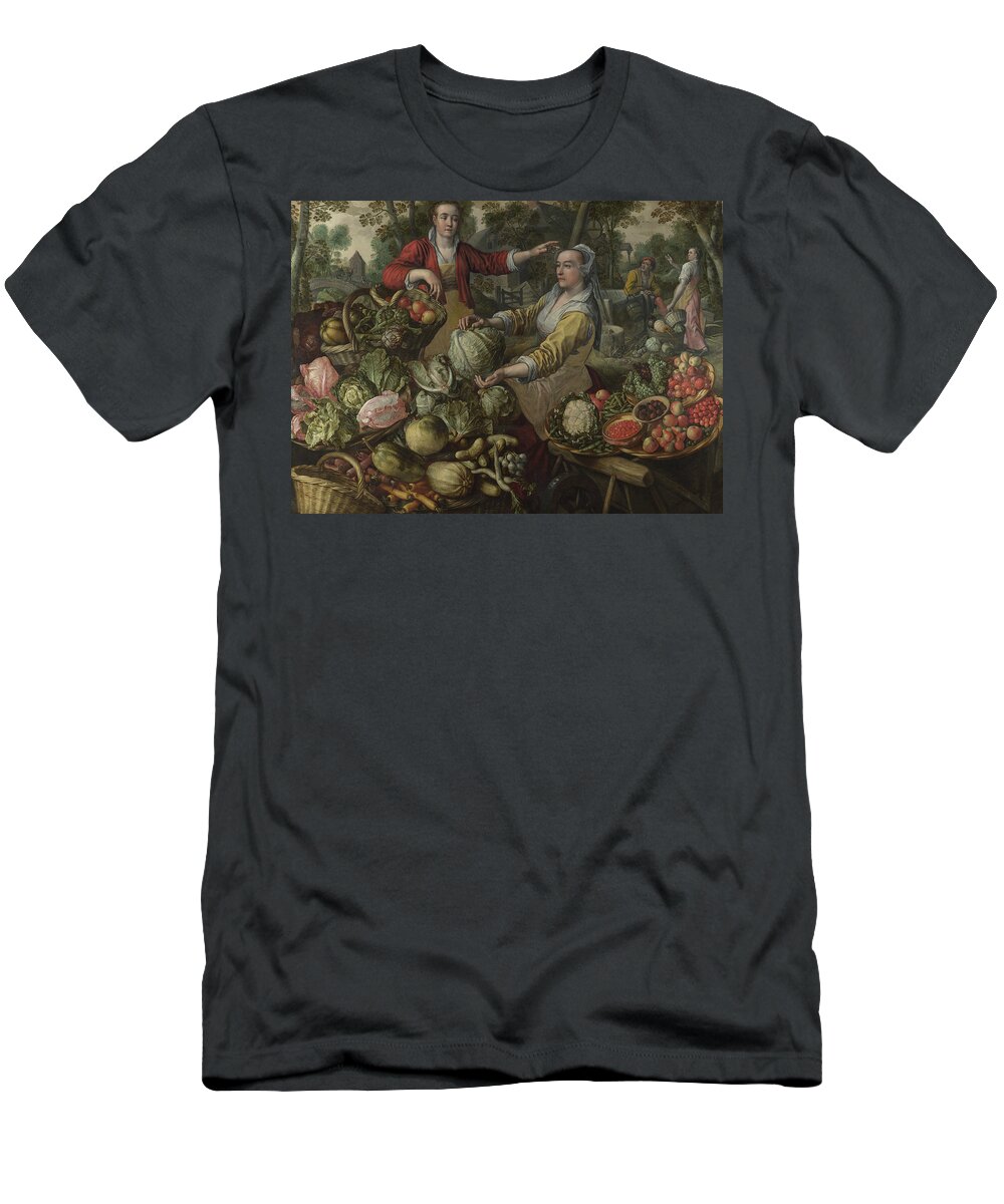 16th Century Art T-Shirt featuring the painting The Four Elements - Earth. A Fruit and Vegetable Market with the Flight into Egypt in the Background by Joachim Beuckelaer