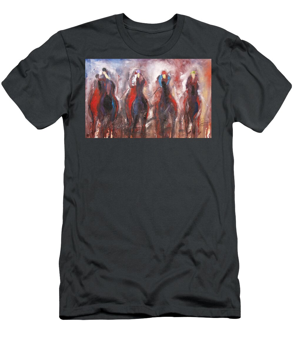 Horse Racing T-Shirt featuring the painting The Four Horsemen by John Gholson