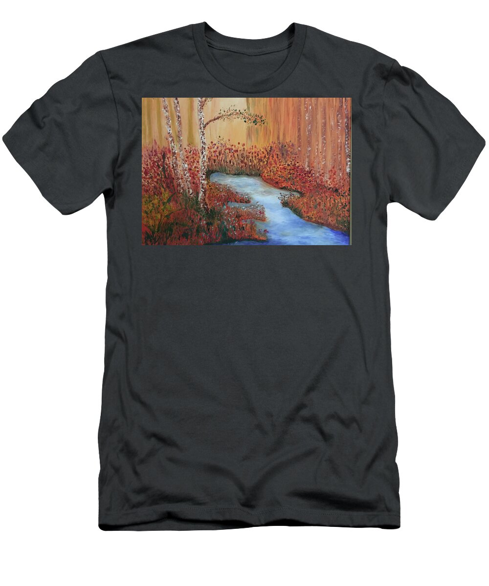 Water T-Shirt featuring the painting The Four Seasons of the 3 Birch Trees - Fall by Susan Grunin