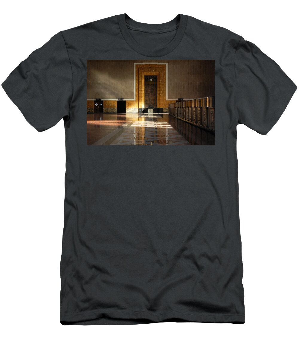 Darin Volpe Architecture T-Shirt featuring the photograph The Golden Age of Travel -- Union Station in Los Angeles, California by Darin Volpe