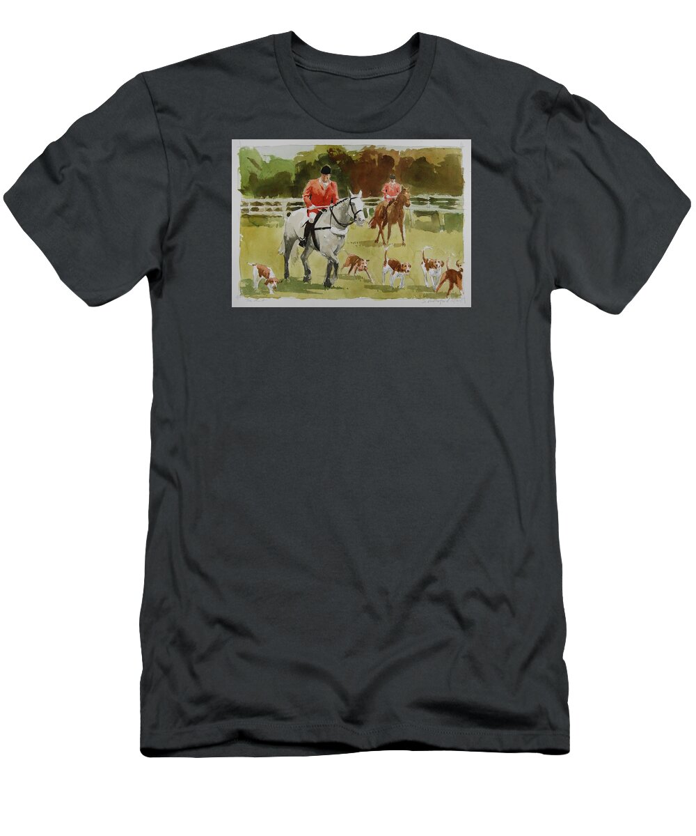 Equestrian Horse Fox Hunt Dog Hound Thoroughbred Radnor Hunt T-Shirt featuring the painting The Hunt by Stephen Rutherford