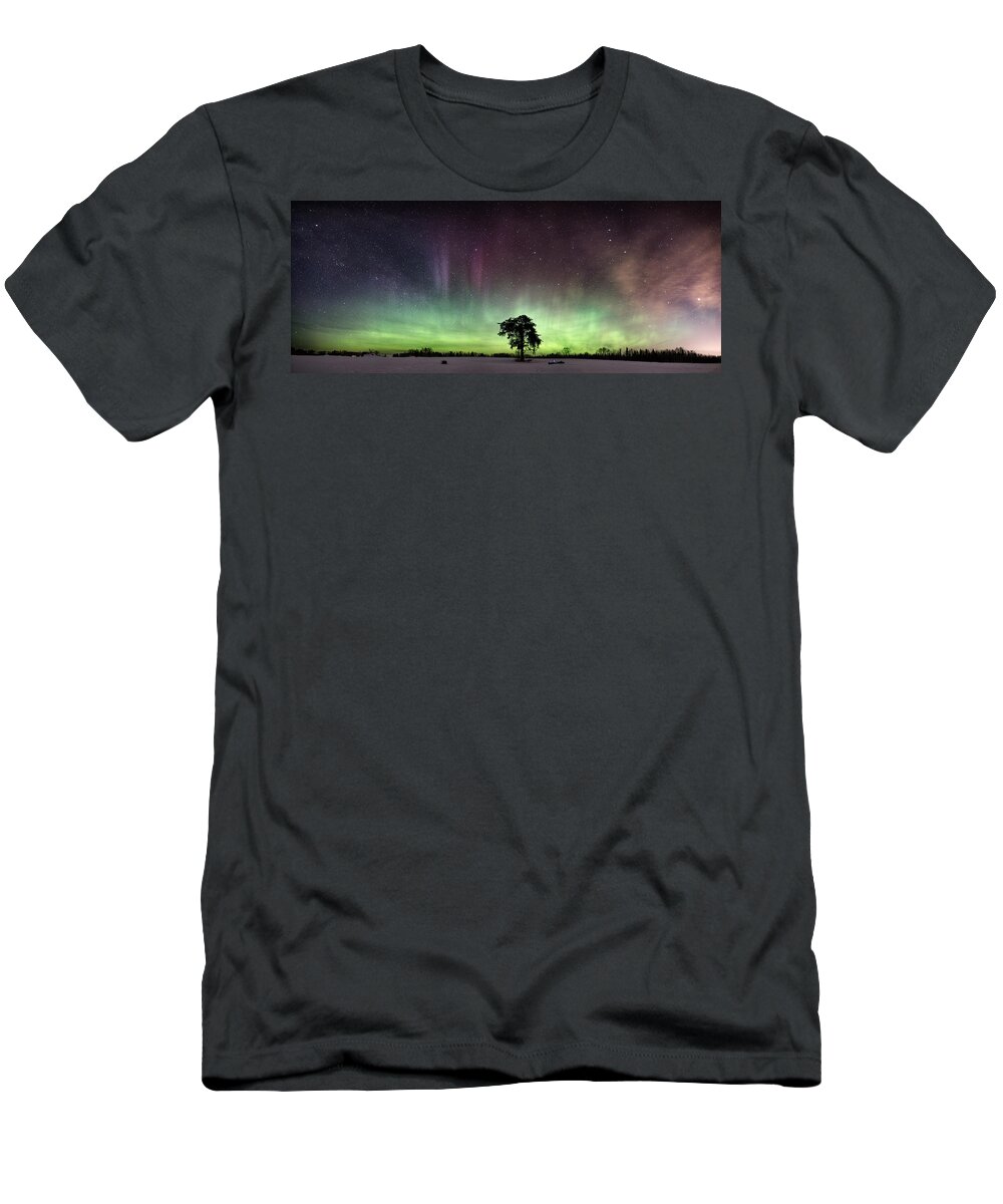 Abstract T-Shirt featuring the photograph The Lone Tree early March Aurora panorama by Jakub Sisak