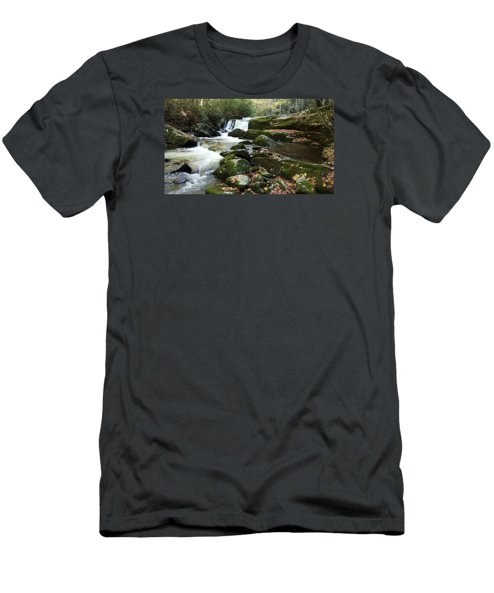 Stream T-Shirt featuring the photograph Stream with Moss Covered Rocks in the Smoky Mountains by William Slider