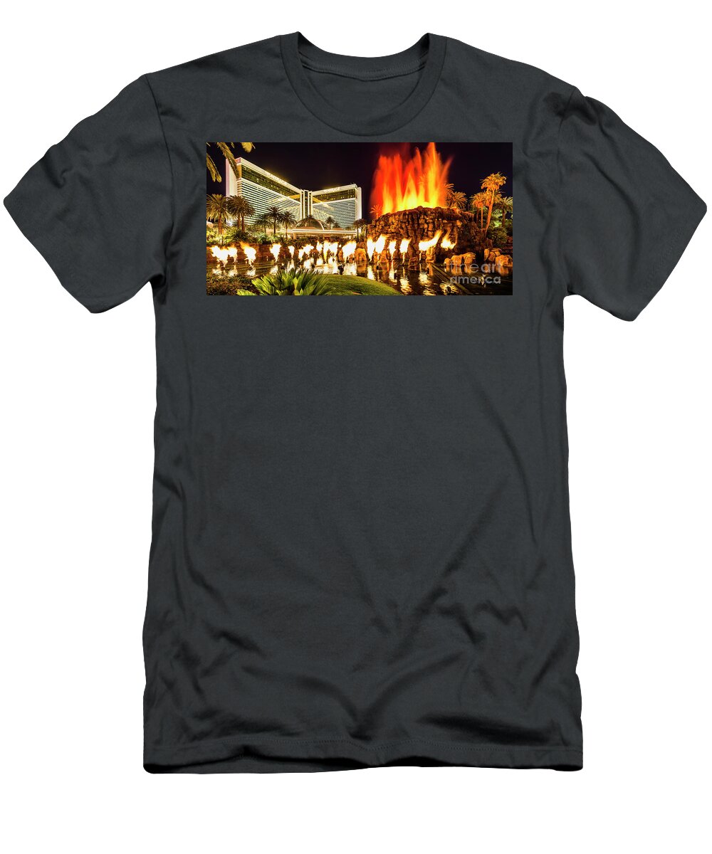 The Mirage T-Shirt featuring the photograph The Mirage Casino and Volcano at Night by Aloha Art