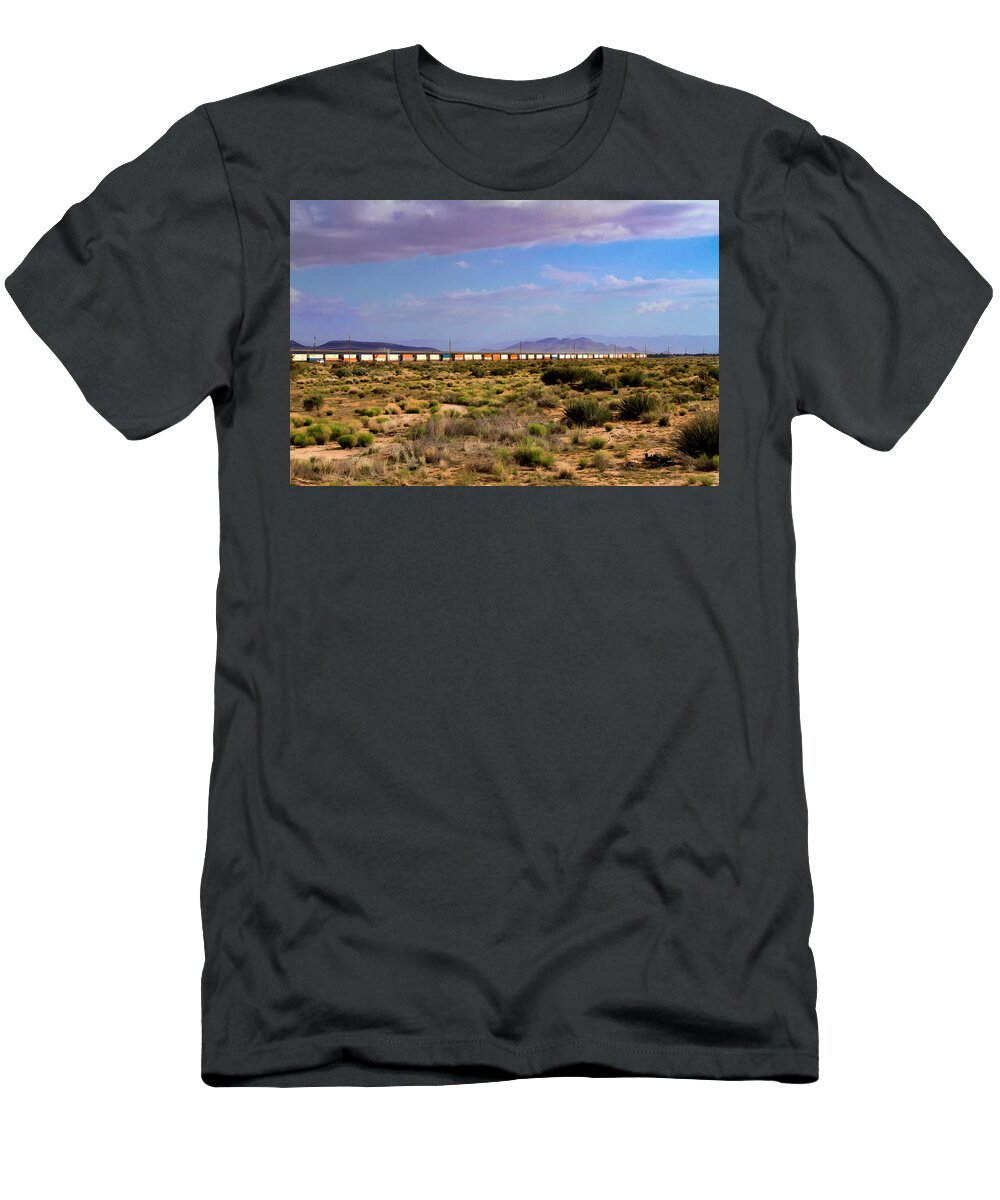 The Morning Train By Route 66 T-Shirt featuring the photograph The Morning Train by Route 66 by Bonnie Follett