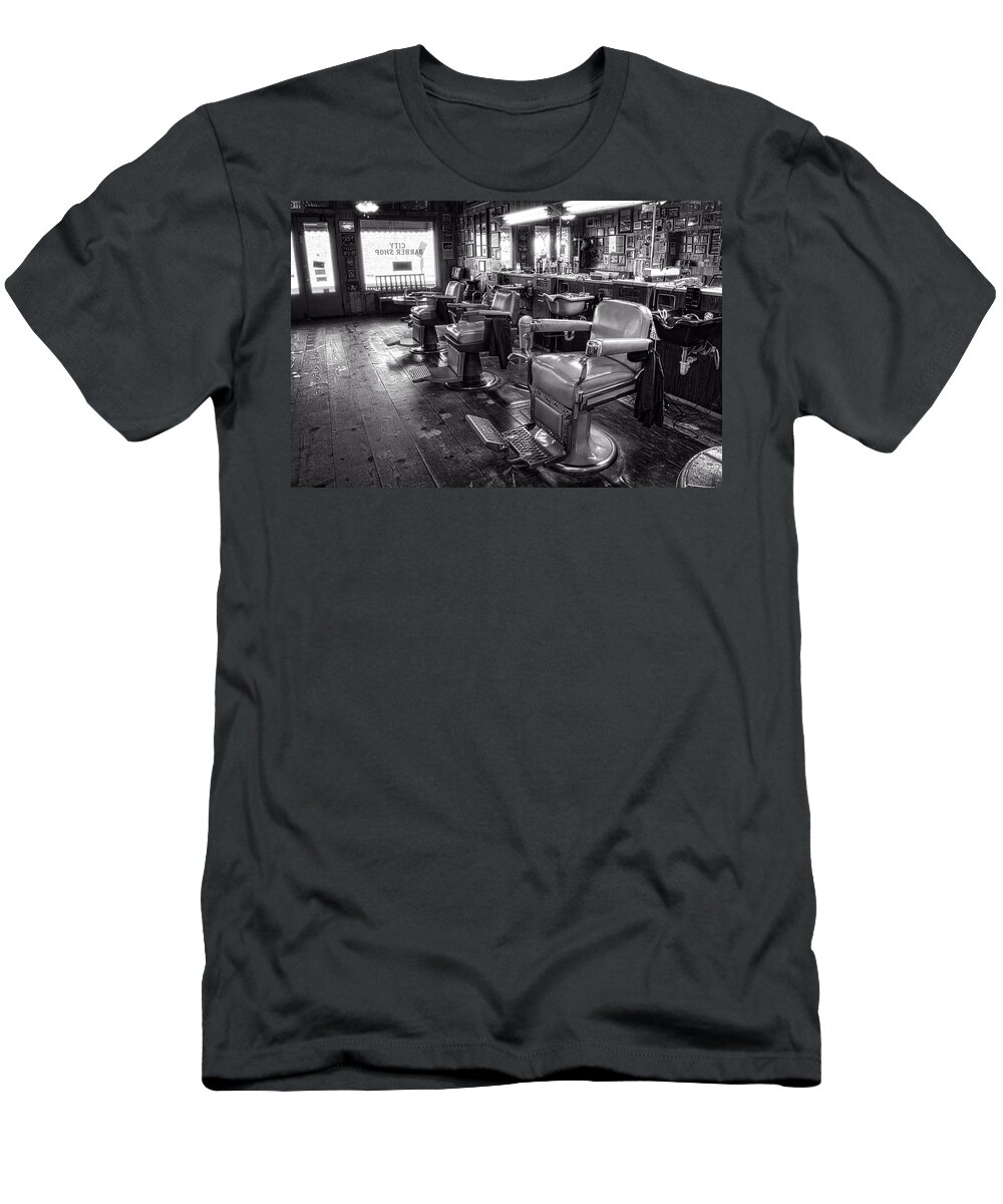 Barber Chair T-Shirt featuring the photograph The Old City Barber Shop in Black and White by Greg and Chrystal Mimbs