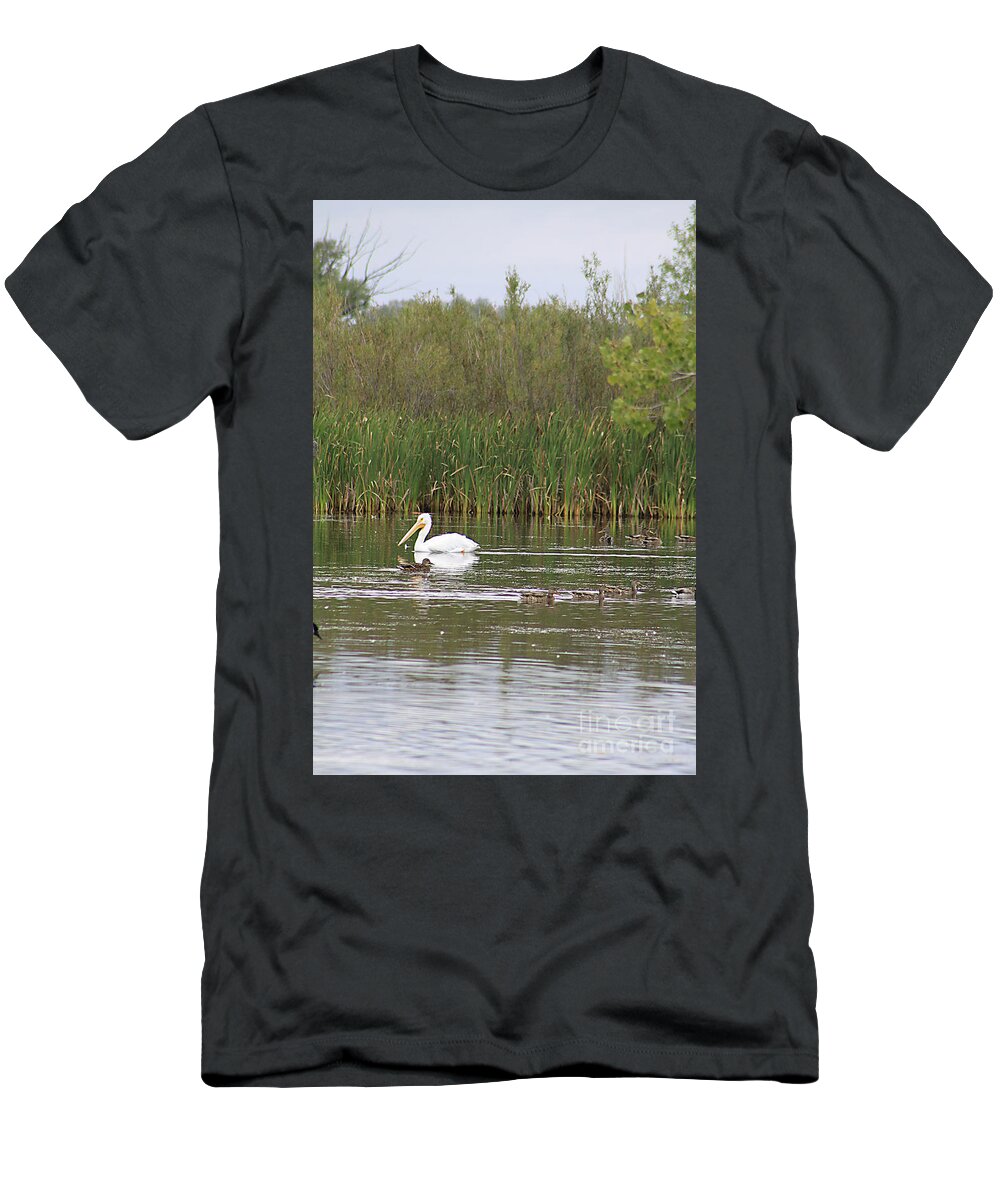 Pelican T-Shirt featuring the photograph The Pelican and the Ducklings by Alyce Taylor