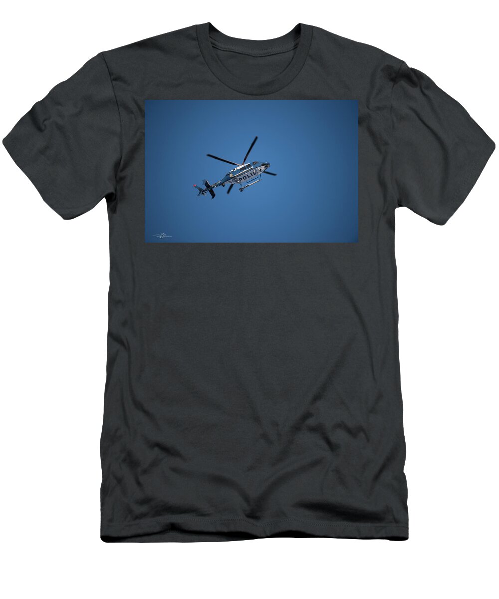 Swedish Police Helicopter T-Shirt featuring the photograph The searcher in the air by Torbjorn Swenelius