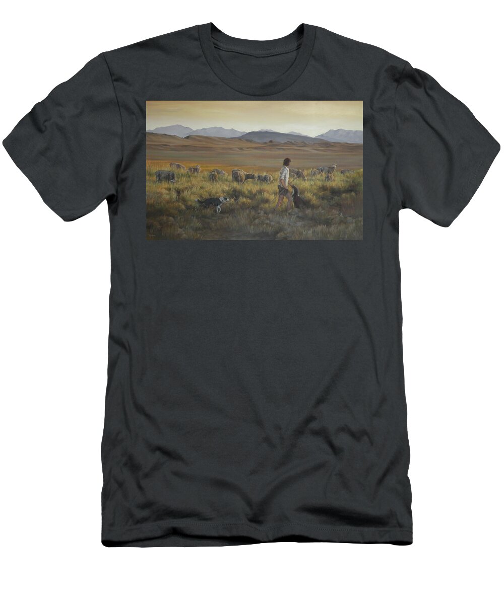 Sheep Herders T-Shirt featuring the painting The shepherdess by Mia DeLode