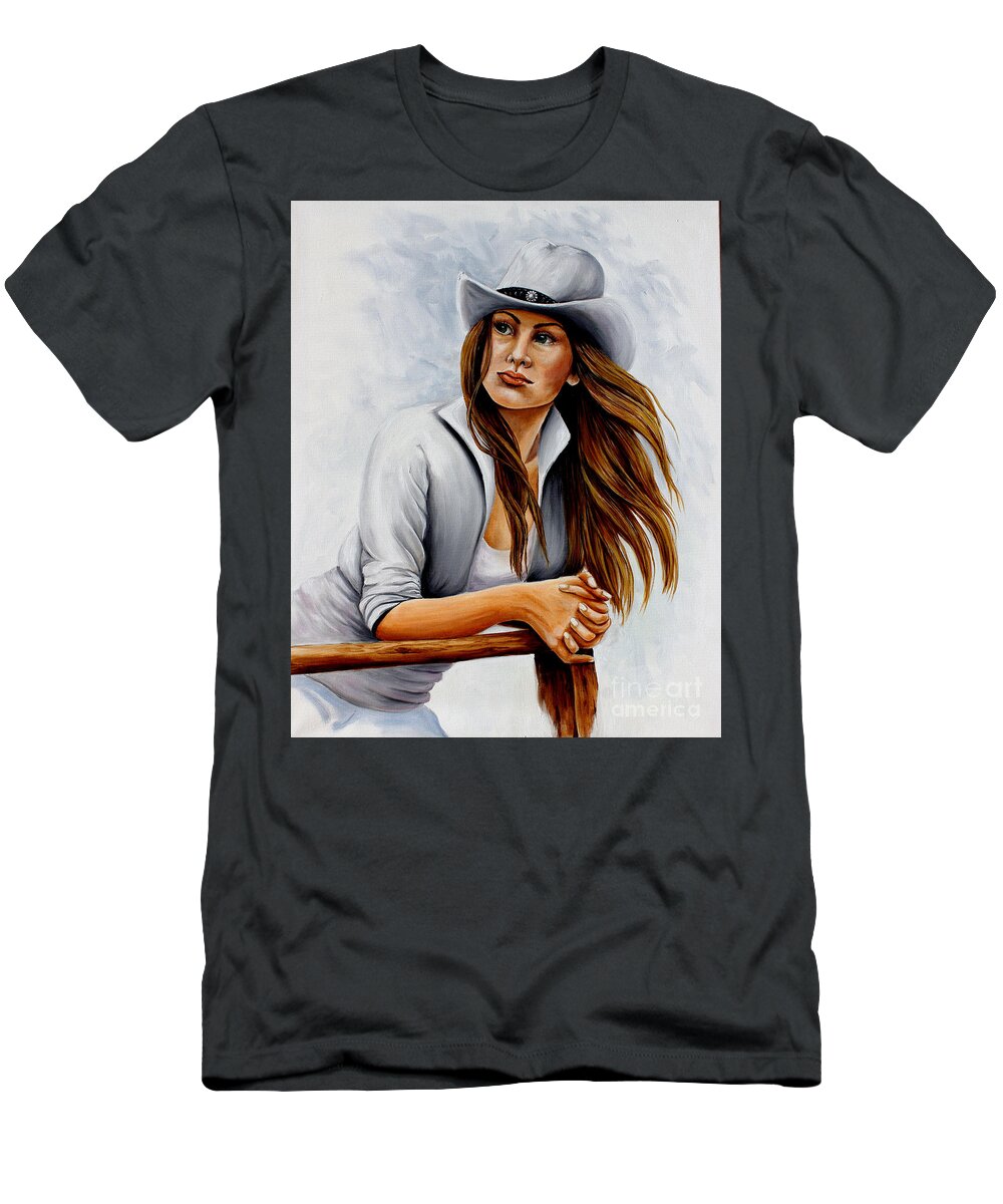 Cowgirl T-Shirt featuring the painting The Spectator cowgirl by Pechez Sepehri