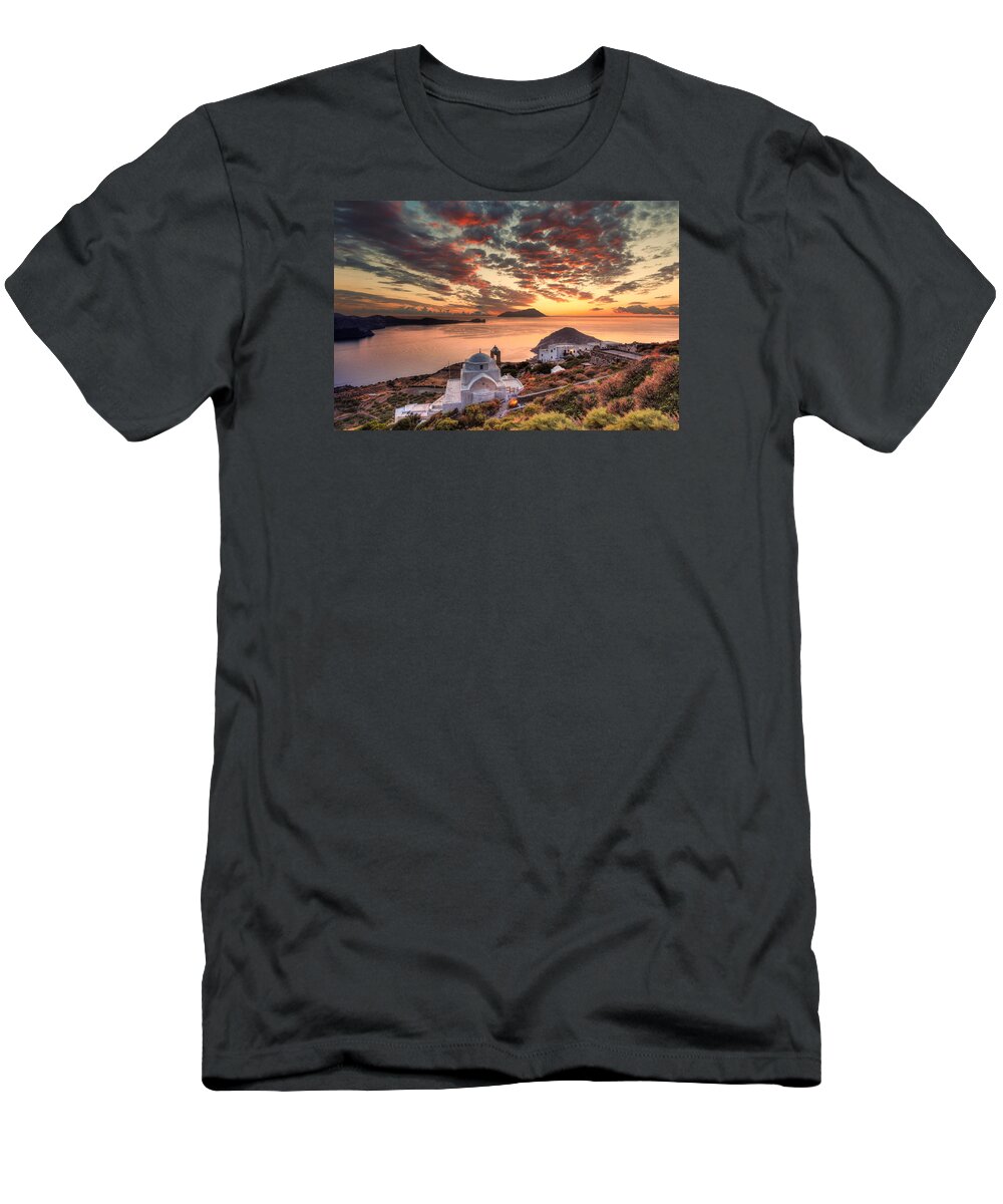 Milos T-Shirt featuring the photograph The sunset from the castle of Plaka in Milos - Greece by Constantinos Iliopoulos