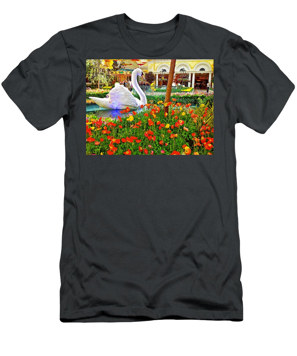 The Swan In Bellagio Conservatory In Las Vegas T-Shirt featuring the photograph The Swan in Bellagio Conservatory in Las Vegas-Nevada by Ruth Hager