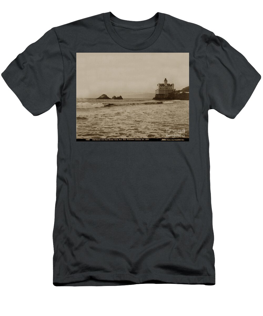Third Cliff House T-Shirt featuring the photograph The third Cliff House and Seal Rocks from Pier, San Francisco, circa 1895 by Monterey County Historical Society