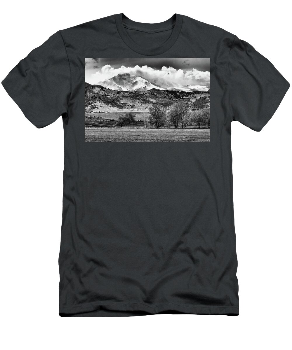 Longs Peak T-Shirt featuring the photograph The Twin Peaks - Mt Meeker and Longs Peak Hang-in BW by James BO Insogna