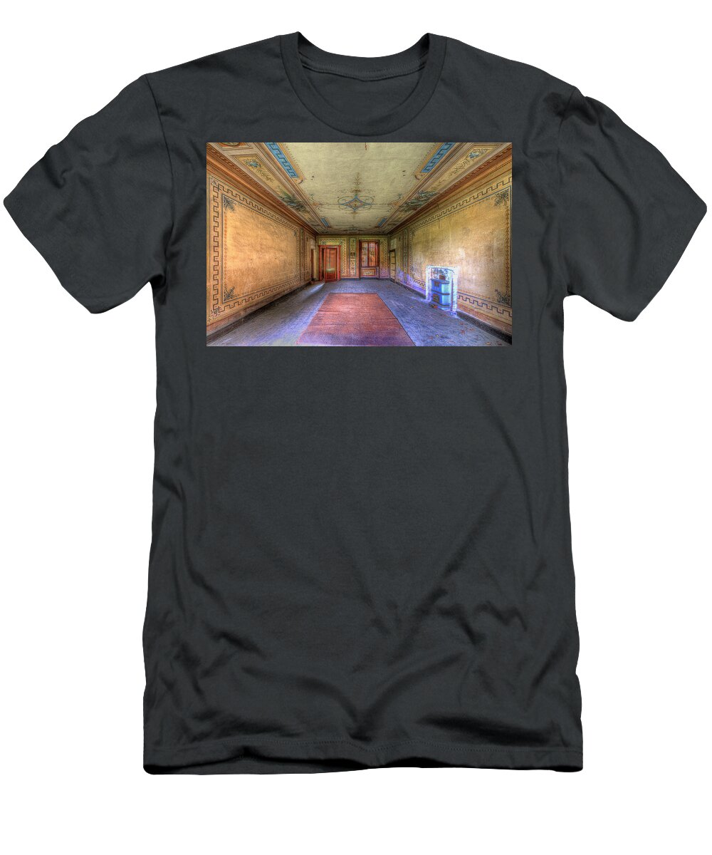 Luoghi Abbandonati T-Shirt featuring the photograph THE YELLOW ROOM of THE VILLA WITH THE COLORED ROOMS by Enrico Pelos