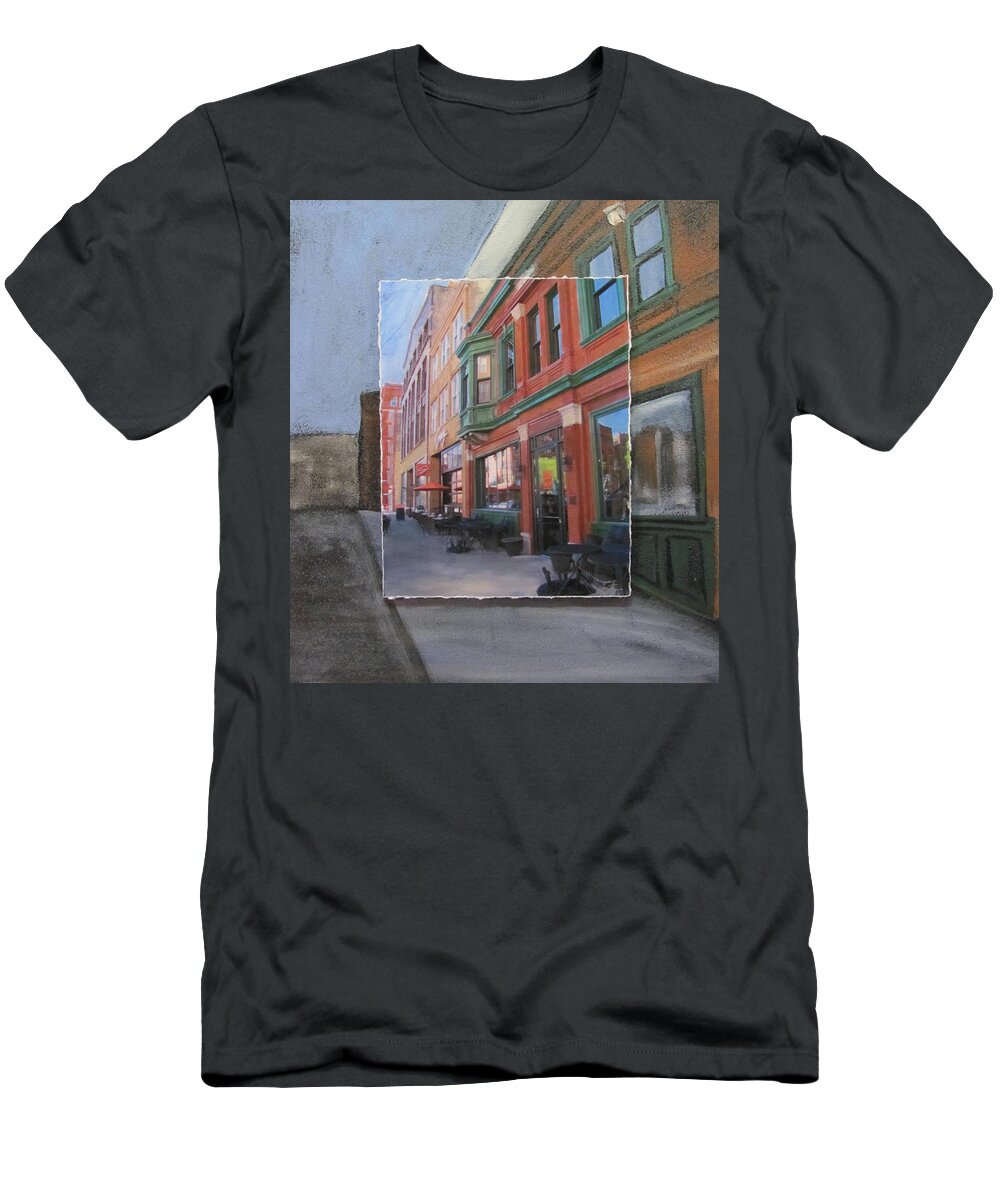 Milwaukee T-Shirt featuring the mixed media Third Ward - Swig and Palms by Anita Burgermeister